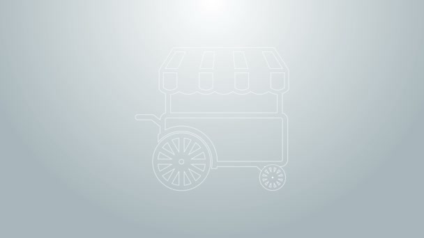 Kék vonal Gyors utcai élelmiszer kocsi napellenző ikon elszigetelt szürke háttér. Városi kioszk. 4K Videó mozgás grafikus animáció - Felvétel, videó