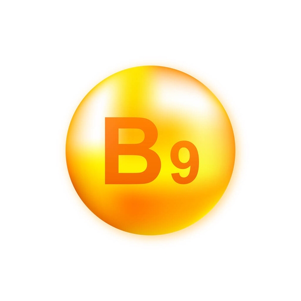 Vitamina B9 con caduta realistica su sfondo grigio. Particelle di vitamine al centro. Illustrazione vettoriale. - Vettoriali, immagini
