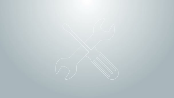 Blaue Linie Gekreuzte Symbole für Schraubenzieher und Schraubenschlüssel auf grauem Hintergrund. Service-Tool-Symbol. 4K Video Motion Grafik Animation - Filmmaterial, Video