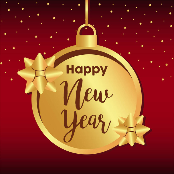 boldog új évet betűző arany kártya labda és íjak - Vektor, kép
