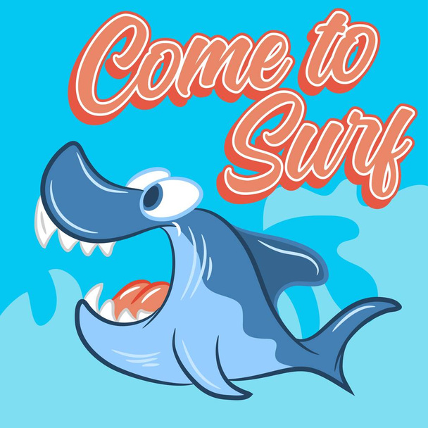 Squalo cartone animato vettoriale illustrazione con attacco di squalo testo su sfondo giallo - Vettoriali, immagini
