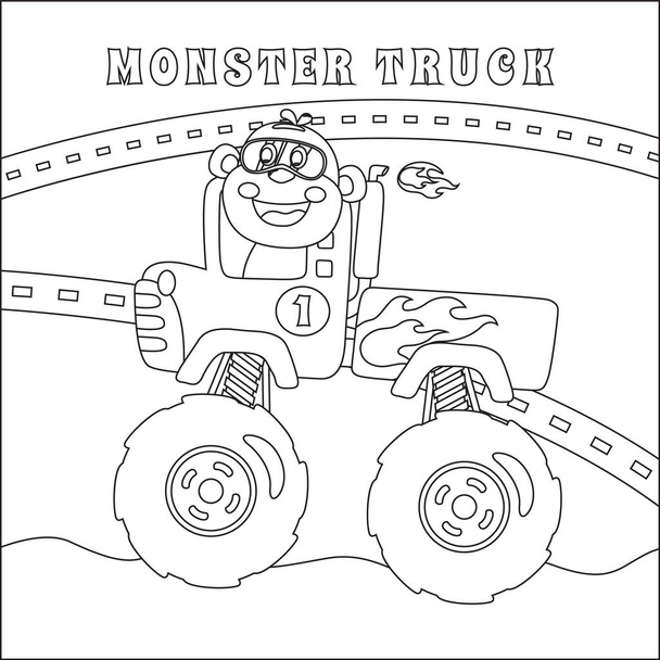 cartoon vector of monster truck with little driver, Cartoon isolated vector illustration, Creative vector Childish design for kids activity colouring book or page. - Vector, Image