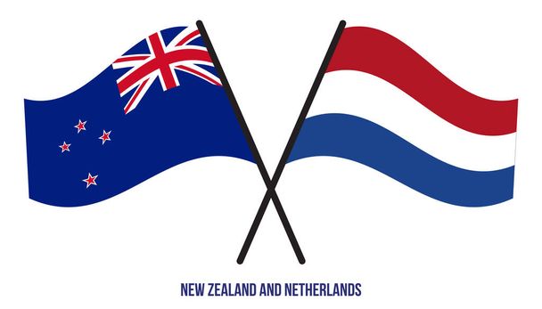 New Zealand and Netherlands Flags Crossed And Waving Flat Style. Official Proportion. Correct Colors. - Vector, Image