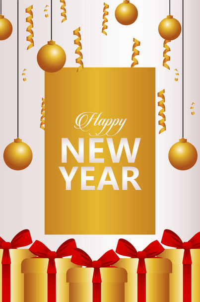 happy new year lettering card with golden balls and gifts - Vektor, Bild