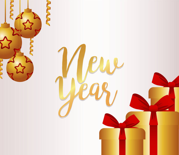 boldog új évet felirat kártya csillagok arany labdák és ajándékok - Vektor, kép