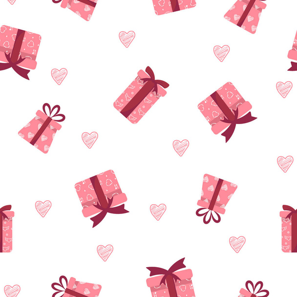 Seamless pattern with pink gift boxes with bows and ribbons. Happy Valentines day. Cute romantic background. - Вектор, зображення