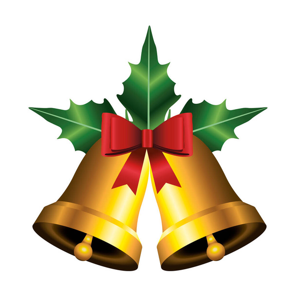 Feliz Navidad campanas de oro con hojas y arco - Vector, imagen