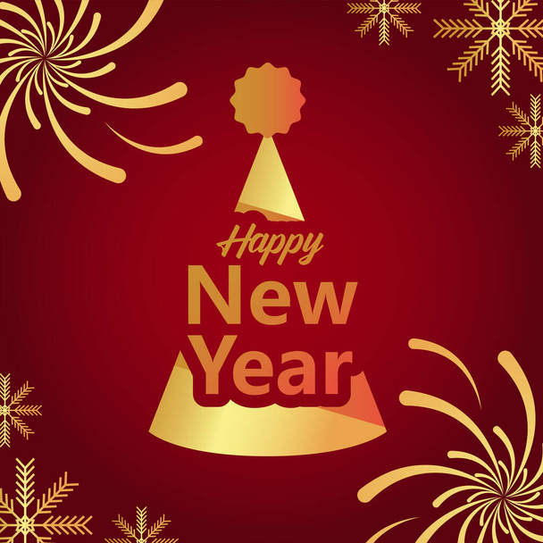 happy new year lettering golden card with party hat - Vektori, kuva