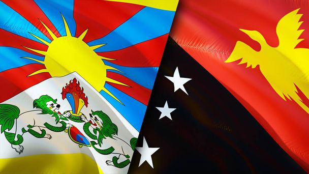 Tibet und Papua-Neuguinea Flaggen mit Narbenkonzept. Fahnenschwenken, 3D-Rendering. Konfliktkonzept für Tibet und Papua-Neuguinea. Tibet Papua Neuguinea Beziehungen Konzept. Flagge von Tibet und Papua Ne - Foto, Bild
