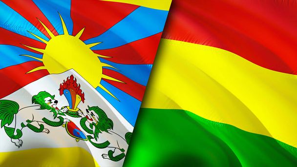 Tibet a Bolívie vlajky s jizva konceptu. Vlnění vlajky, 3D vykreslování. Koncept konfliktu Tibetu a Bolívie. Tibet Bolívie vztahy koncept. vlajka Tibetu a Bolívie krize, válka, útok konjunktura - Fotografie, Obrázek