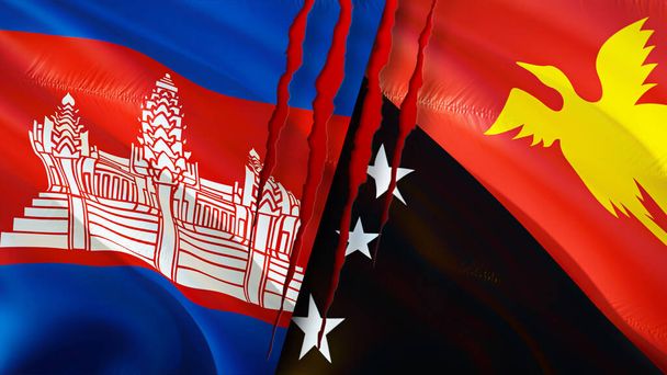 Cambodia and Papua New Guinea flags with scar concept. Waving flag,3D rendering. Cambodia and Papua New Guinea conflict concept. Cambodia Papua New Guinea relations concept. flag of Cambodia an - Photo, Image