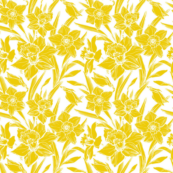 Floristic seamless pattern with closeup yellow silhouettes of daffodil flowers on white.  - Vektor, kép