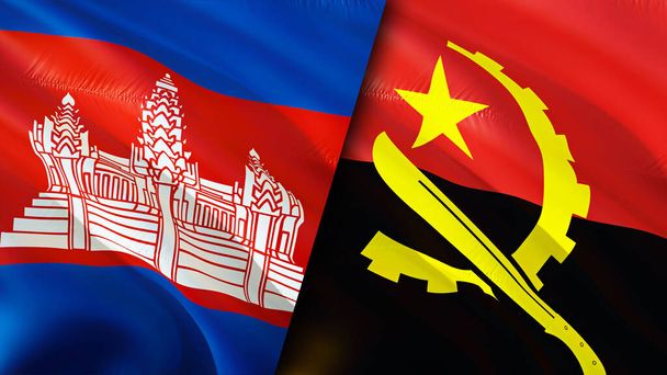 Cambodia and Angola flags. 3D Waving flag design. Cambodia Angola flag, picture, wallpaper. Cambodia vs Angola image,3D rendering. Cambodia Angola relations alliance and Trade,travel,tourism concep - Photo, Image
