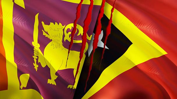 Yara izi olan Sri Lanka ve Doğu Timor bayrakları. Dalgalanan bayrak, 3 boyutlu görüntüleme. Sri Lanka ve Doğu Timor çatışma konsepti. Sri Lanka Doğu Timor ilişkileri kavramı. Sri Lanka ve Doğu Timo bayrağı - Fotoğraf, Görsel