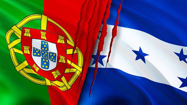Σημαίες Πορτογαλίας και Ονδούρας με ουλή. Κυματιστή σημαία, τρισδιάστατη απόδοση. Η Πορτογαλία και η Ονδούρα Πορτογαλία Ονδούρα. σημαία Πορτογαλίας και Ονδούρας κρίση, πόλεμος, άτακ - Φωτογραφία, εικόνα