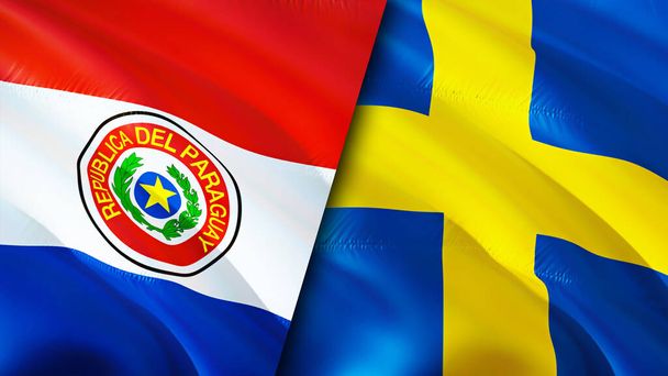 Paraguayn ja Ruotsin liput. 3D Heiluttaen lippu suunnittelu. Paraguay Ruotsi lippu, kuva, tapetti. Paraguay vs. Ruotsi kuva, 3D renderöinti. Paraguay Ruotsi suhteet liitto ja kauppa, matkailu, matkailu concep - Valokuva, kuva