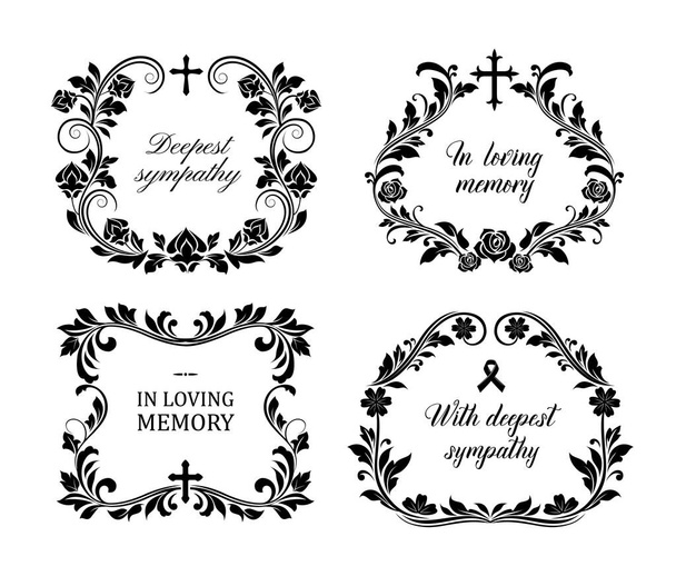 Funeral frames, vector vintage obituary floral wreaths with condolence typography, flourishes and cross. Retro cards, obsequial memorials, funeral sorrowful borders or necrology monochrome templates - Vector, Image