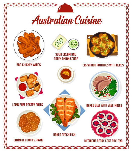 Векторное меню австралийской кухни сметана, зеленый луковый соус, куриные крылышки барбекю и раскаленный картофель с травами. Ягненок слоеный булочки, запечённая говядина с овощами, безе ягодный торт павлова блюда - Вектор,изображение