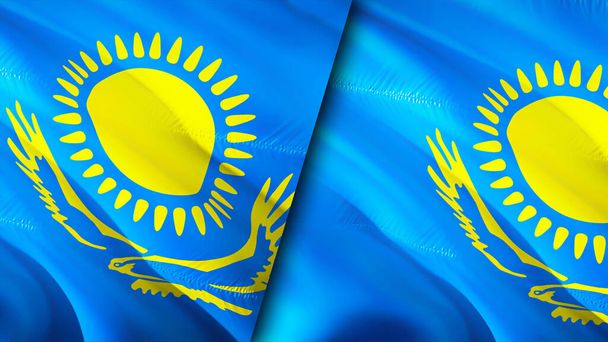 Bandeiras do Cazaquistão e do Cazaquistão. 3D acenando design bandeira. Cazaquistão Bandeira do Cazaquistão, foto, papel de parede. Cazaquistão vs imagem do Cazaquistão, renderização 3D. Cazaquistão relações com o Cazaquistão aliança um - Foto, Imagem