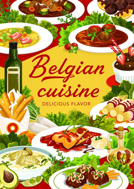 Kuchnia belgijska posiłki i potrawy, belgijska kolacja i uruchomienie restauracji, wektor. Belgijskie tradycyjne dania kuchni okładka flamandzkiej carbonade, trufle słodycze, Walon klopsiki i watersay - Wektor, obraz