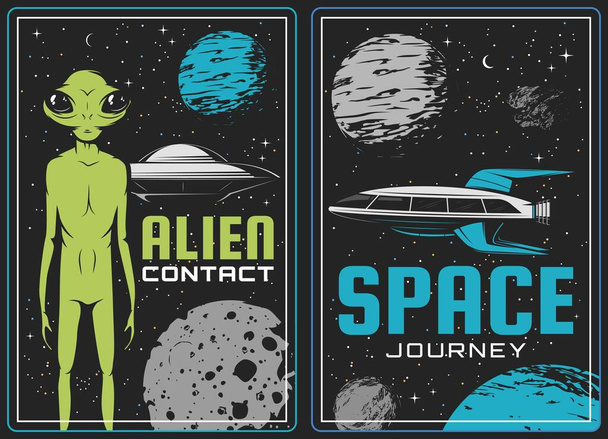 Retro plakátok idegen, ufó és űrhajó, vektor földönkívüli jövevény zöld bőrrel és hatalmas szemekkel. Űrkutatási kártya komppal a külső kozmoszban, csillagokban és bolygókban, csészealj a csillagos égen - Vektor, kép
