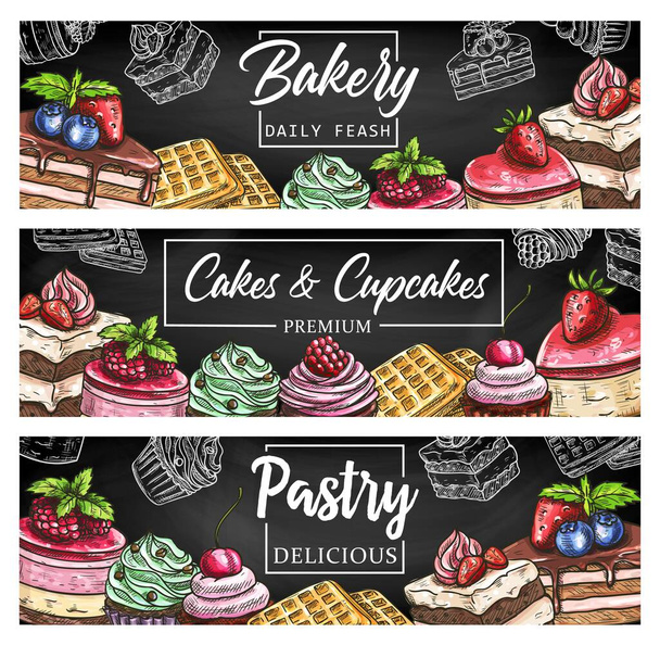 Cakes and cupcakes vector sketch banners. Sladkosti a cukrářské moučníky na černé tabuli s ručně kresleným cukrářským sladkým tvarohovým koláčem, vaflemi a čokoládovými muffiny s bobulemi a ovocnou smetanou - Vektor, obrázek