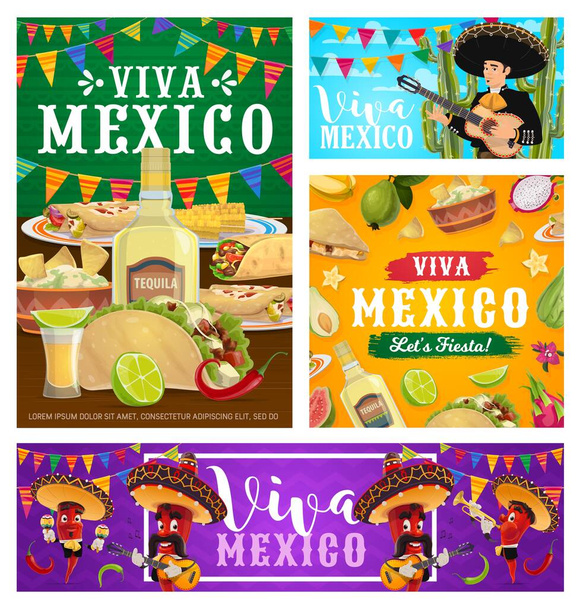Viva Mexico vektor bannerek fiesta party ételek, ital és bors zenészek. Mexikói mariachi karakterek sombrero kalapok, maracas és gitár, piros chili, kaktusz és tequila, taco és guacamole - Vektor, kép