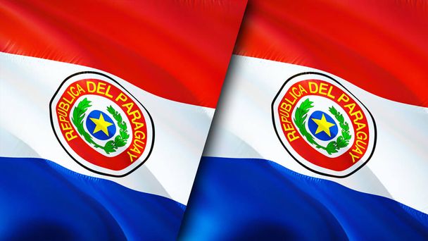 Paraguayn ja Paraguayn liput. 3D Heiluttaen lippu suunnittelu. Paraguayn lippu, kuva, tapetti. Paraguay vs Paraguay kuva, 3D renderöinti. Paraguay Paraguay suhteet liitto ja kauppa, matkailu, Touris - Valokuva, kuva