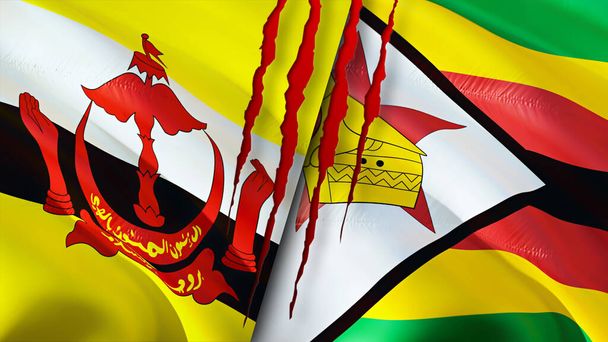 Brunei and Zimbabwe flags with scar concept. Waving flag,3D rendering. Brunei and Zimbabwe conflict concept. Brunei Zimbabwe relations concept. flag of Brunei and Zimbabwe crisis,war, attack concep - Photo, Image