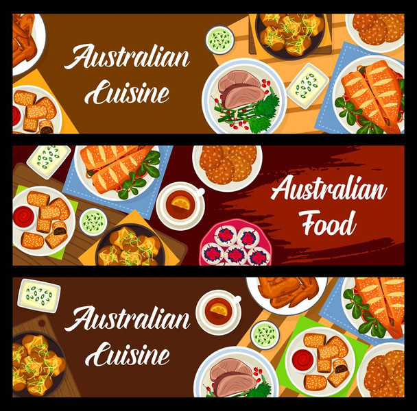 Australische voedsel vector gebakken rundvlees met groenten, meringue bessen taart pavlova en bbq kippenvleugels. Crash hot aardappelen met kruiden, lamsbout gebak broodjes, havermout koekjes of gebakken baars vis banners - Vector, afbeelding
