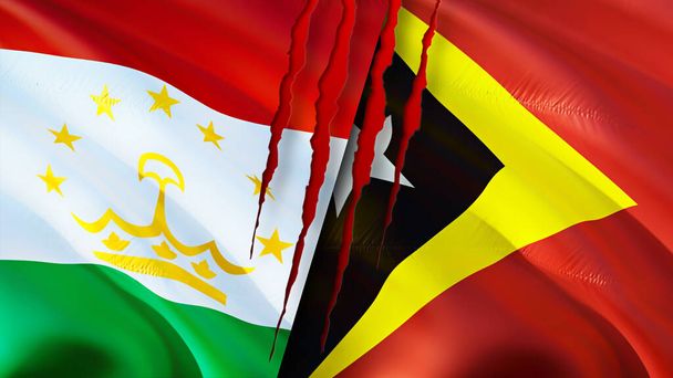 Tacikistan ve Doğu Timor bayraklarında yara izi var. Dalgalanan bayrak, 3 boyutlu görüntüleme. Tacikistan ve Doğu Timor çatışma konsepti. Tacikistan Doğu Timor ilişkileri kavramı. Tacikistan ve Doğu Timo bayrağı - Fotoğraf, Görsel