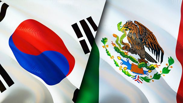 Σημαίες Νότιας Κορέας και Μεξικού. Σχεδιασμός τρισδιάστατης κυματιστή σημαίας. Σημαία Μεξικού, φωτογραφία, ταπετσαρία. Νότια Κορέα εναντίον Μεξικού εικόνα, 3D απόδοση. Νότια Κορέα Μεξικό συμμαχία σχέσεις - Φωτογραφία, εικόνα