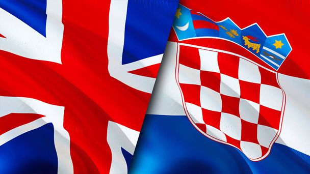 Bandeiras do Reino Unido e da Croácia. 3D acenando design bandeira. Reino Unido Croácia bandeira, imagem, papel de parede. Reino Unido vs Croácia imagem, renderização 3D. Reino Unido Croácia relações aliança um - Foto, Imagem