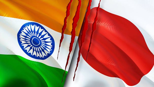 Флаги Индии и Японии со шрамами. Флажок, 3D рендеринг. Концепция конфликта между Индией и Японией. Индия Япония концепция отношений. флаг Индии и Японии кризис, война, концепция нападения - Фото, изображение