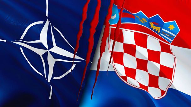 Флаги НАТО и Хорватии со шрамом. Флажок, 3D рендеринг. Концепция конфликта Хорватии и НАТО. Концепция отношений с Хорватией. флаг натовско-хорватского кризиса, война, концепция нападения - Фото, изображение