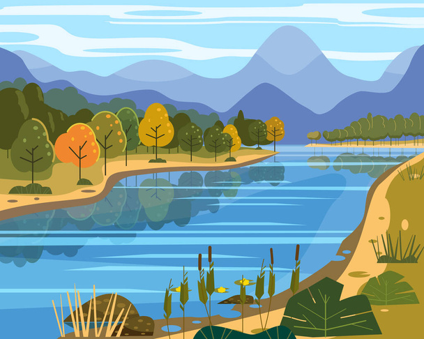 Landscape river flowing to mountains, hills. Coast autumn scenic forest, meadows. Vector illustration background poster banner trendy flat cartoon style - Vector, Image