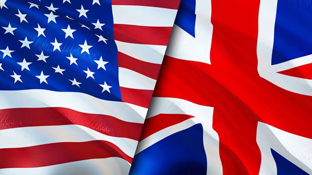 Banderas de Estados Unidos y Reino Unido. Diseño de banderas 3D Waving. Estados Unidos bandera del Reino Unido, imagen, fondo de pantalla. USA vs Reino Unido imagen, representación 3D. Estados Unidos Reino Unido relaciones alianza un - Foto, imagen