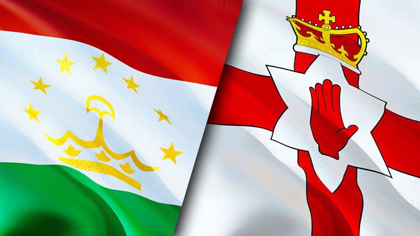 Banderas de Tayikistán e Irlanda del Norte. Diseño de banderas 3D Waving. Tayikistán Irlanda del Norte bandera, foto, fondo de pantalla. Tayikistán vs Irlanda del Norte imagen, representación 3D. Tayikistán Irlanda del Norte - Foto, imagen