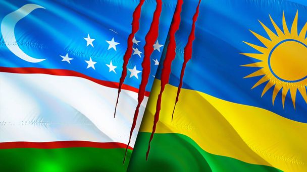 Üzbegisztán és Ruanda megjelöli a sebhely koncepciót. Lengő zászló, 3D-s renderelés. Üzbegisztán és Ruanda konfliktuskoncepciója. Üzbegisztán Ruanda kapcsolatok koncepciója. zászló Üzbegisztán és Ruanda válság, háború, attac - Fotó, kép