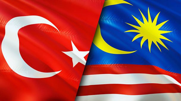 Törökország és Malajzia zászlói. 3D integető zászló design. Törökország Malajzia zászló, kép, tapéta. Törökország vs Malajzia kép, 3D renderelés. Törökország Malajzia kapcsolatok szövetség és kereskedelem, utazás, turisztikai koncepció - Fotó, kép