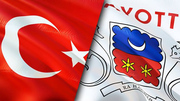 Σημαίες Τουρκίας και Μαγιότ. Σχεδιασμός τρισδιάστατης κυματιστή σημαίας. Σημαία Μαγιότ Τουρκίας, φωτογραφία, ταπετσαρία. Τουρκία εναντίον Μαγιότ εικόνα, 3D απόδοση. Συμμαχία σχέσεων με τη Μαγιότ και Εμπόριο, ταξίδια και τουρισμός - Φωτογραφία, εικόνα