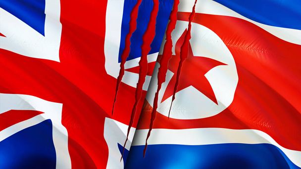 Birleşik Krallık ve Kuzey Kore bayraklarında yara izi var. Dalgalanan bayrak, 3 boyutlu görüntüleme. Birleşik Krallık ve Kuzey Kore çatışma konsepti. Birleşik Krallık Kuzey Kore ilişkileri kavramı. Birleşme bayrağı - Fotoğraf, Görsel