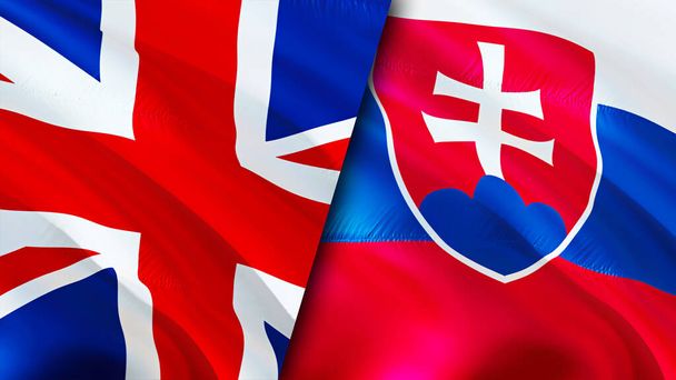 Flaggen Großbritanniens und der Slowakei. 3D Fahnenschwenken. Großbritannien Slowakei Flagge, Bild, Tapete. Bild Großbritannien gegen Slowakei, 3D-Rendering. Vereinigtes Königreich Beziehungen zur Slowakei - Foto, Bild