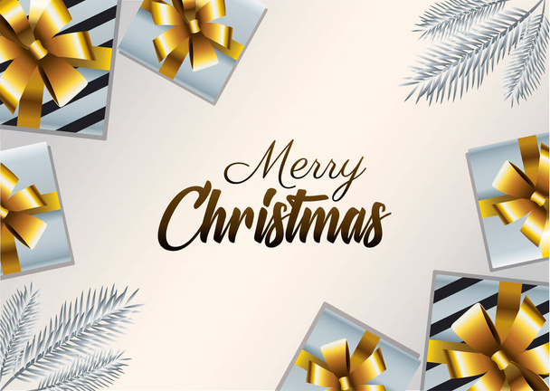 happy merry christmas golden lettering with gifts presents - Vector, afbeelding