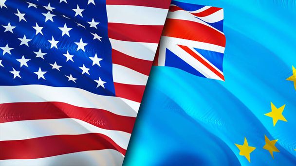 Флаги США и Тувалу. 3d waving flag design. usa tuvalu флаг, фото, обои. usa vs tuvalu image,3d rendering. союз Тувалу и торговля, путешествия, туризм - Фото, изображение