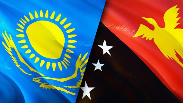 Banderas de Kazajstán y Papúa Nueva Guinea. Diseño de banderas 3D Waving. Kazajstán Papua Nueva Guinea bandera, foto, fondo de pantalla. Kazajstán vs Papua Nueva Guinea imagen, representación 3D. Kazajstán Papua Nueva Guina - Foto, imagen