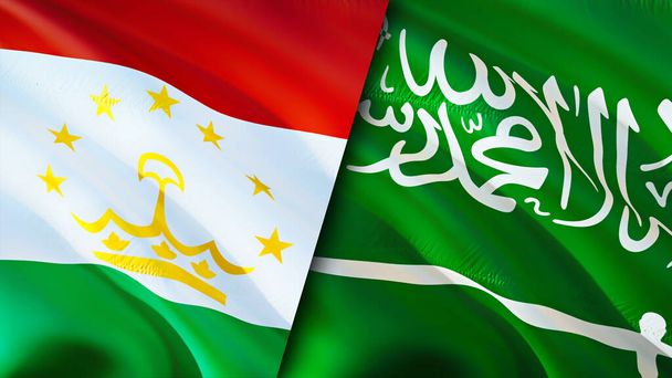 Tádzsikisztán és Szaúd-Arábia zászlói. 3D integető zászló design. Tádzsikisztán Szaúd-Arábia zászló, kép, tapéta. Tádzsikisztán vs Szaúd-Arábia kép, 3D renderelés. Tádzsikisztán Szaúd-Arábia kapcsolatok allianc - Fotó, kép