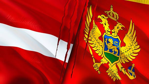 Latvia and Montenegro flags with scar concept. Waving flag,3D rendering. Latvia and Montenegro conflict concept. Latvia Montenegro relations concept. flag of Latvia and Montenegro crisis,war, attac - 写真・画像