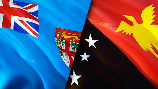 Fiji ve Papua Yeni Gine bayrakları. 3 boyutlu dalgalanan bayrak tasarımı. Fiji Papua Yeni Gine bayrağı, resim, duvar kağıdı. Fiji, Papua Yeni Gine 'ye karşı, görüntü 3 boyutlu. Fiji Papua Yeni Gine ilişkileri ittifakı - Fotoğraf, Görsel