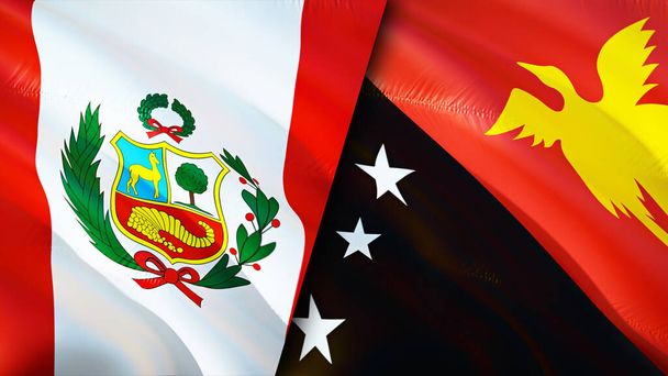 Перу і Папуа Нова Гвінея прапори. 3D Waving Flag Перу Прапор Папуа Нової Гвінеї, фото, шпалери. Перу проти зображення Папуа Нової Гвінеї, 3D рендеринг. Співпраця Перу з Папуа Нової Гвінеї - Фото, зображення